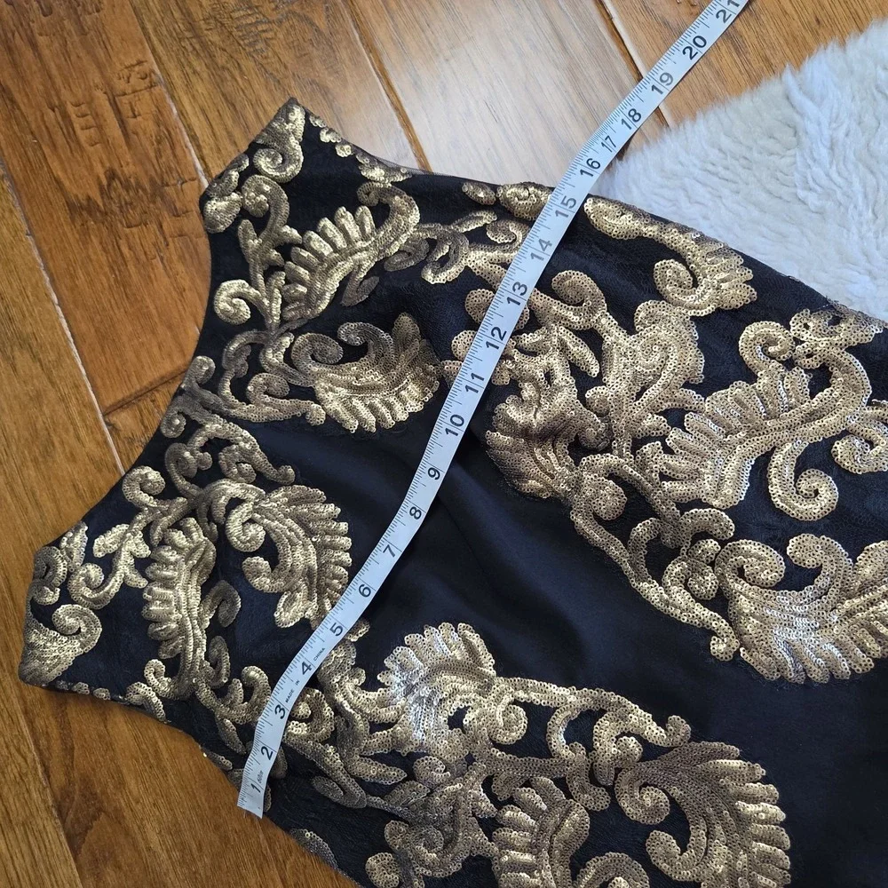 Tadashi Shoji Crepe Draped Open Back Gown Dress Women's 6 Black Gold Paillette
